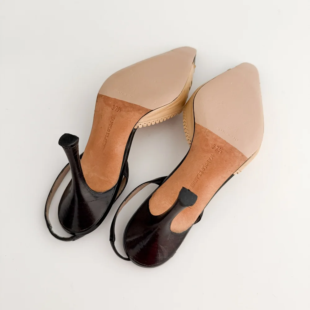 Manolo Blahnik Iconic Two-Tone Eyelet Slingback Mule Heels (US 7